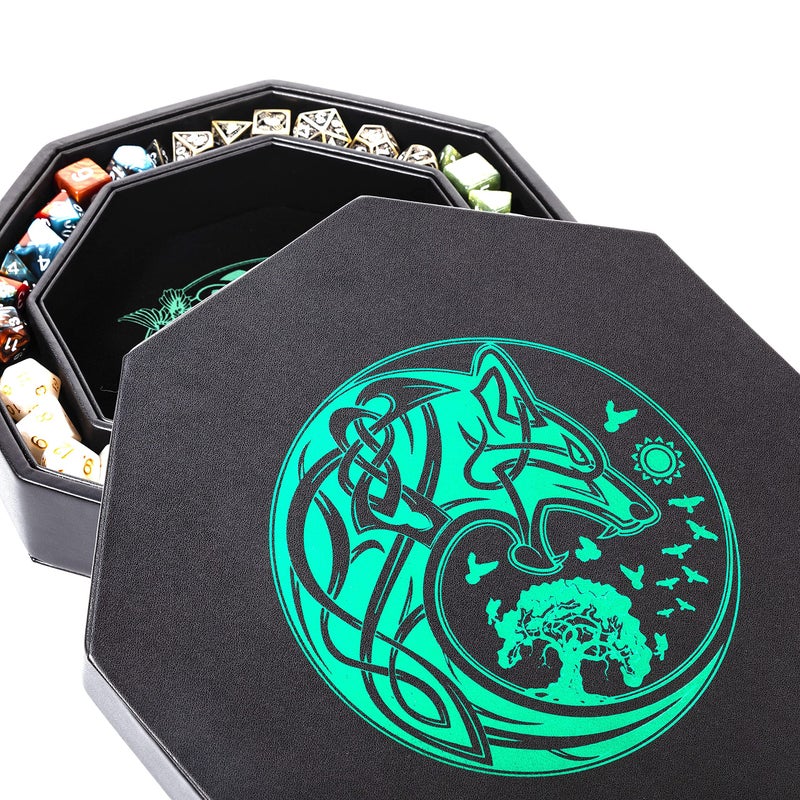 Soar Forge DND Dice Tray - Premium 9 Inch Tray for Dungeons and Dragons: Exquisitely Detailed Green World Tree & Wolf Raven Design - Perfect Rolling & Box Storage to Protect Your Dice for D&D and RPG - Image 1