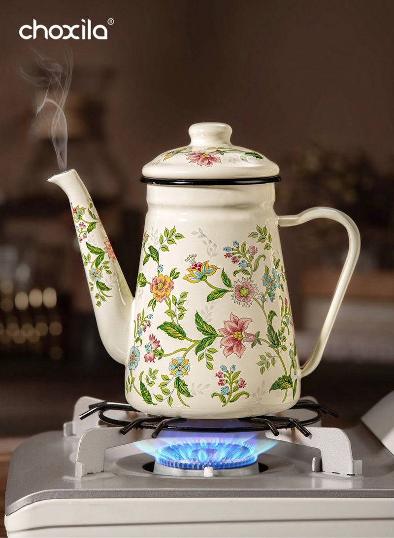choxila 1pc Enamel Coffee Pot,Floral Pattern Pour-Over Kettle,1.2L Large Capacity Coffee Pot,Handle Pot Coffee Pot Narrow Mouth Oil Pot Boiling Pot,Home Boiling Pot, Tea Pot,Suitable For Electric Stove Gas Brewing Coffee Or Tea  - Image 4