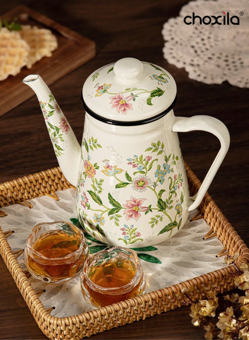 choxila 1pc Enamel Coffee Pot,Floral Pattern Pour-Over Kettle,1.2L Large Capacity Coffee Pot,Handle Pot Coffee Pot Narrow Mouth Oil Pot Boiling Pot,Home Boiling Pot, Tea Pot,Suitable For Electric Stove Gas Brewing Coffee Or Tea  - Image 2