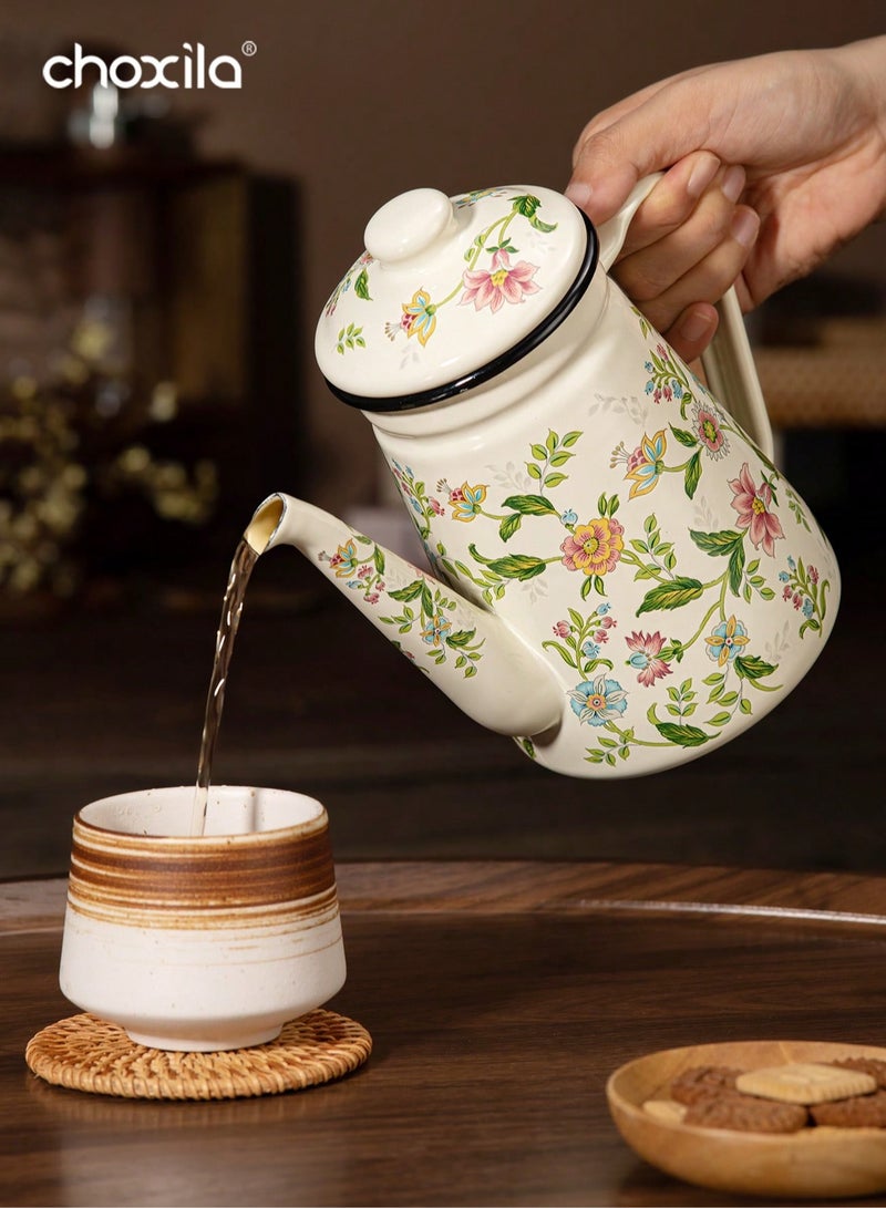 choxila 1pc Enamel Coffee Pot,Floral Pattern Pour-Over Kettle,1.2L Large Capacity Coffee Pot,Handle Pot Coffee Pot Narrow Mouth Oil Pot Boiling Pot,Home Boiling Pot, Tea Pot,Suitable For Electric Stove Gas Brewing Coffee Or Tea  - Image 3