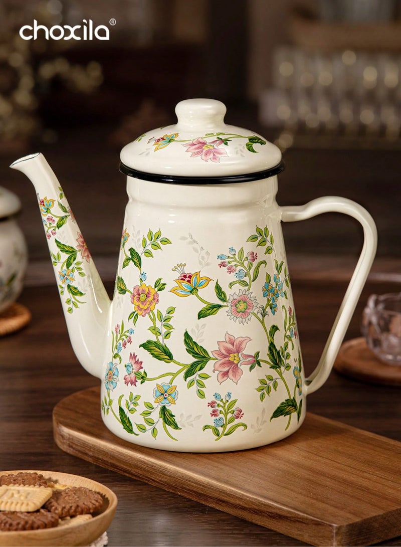 choxila 1pc Enamel Coffee Pot,Floral Pattern Pour-Over Kettle,1.2L Large Capacity Coffee Pot,Handle Pot Coffee Pot Narrow Mouth Oil Pot Boiling Pot,Home Boiling Pot, Tea Pot,Suitable For Electric Stove Gas Brewing Coffee Or Tea  - Image 1