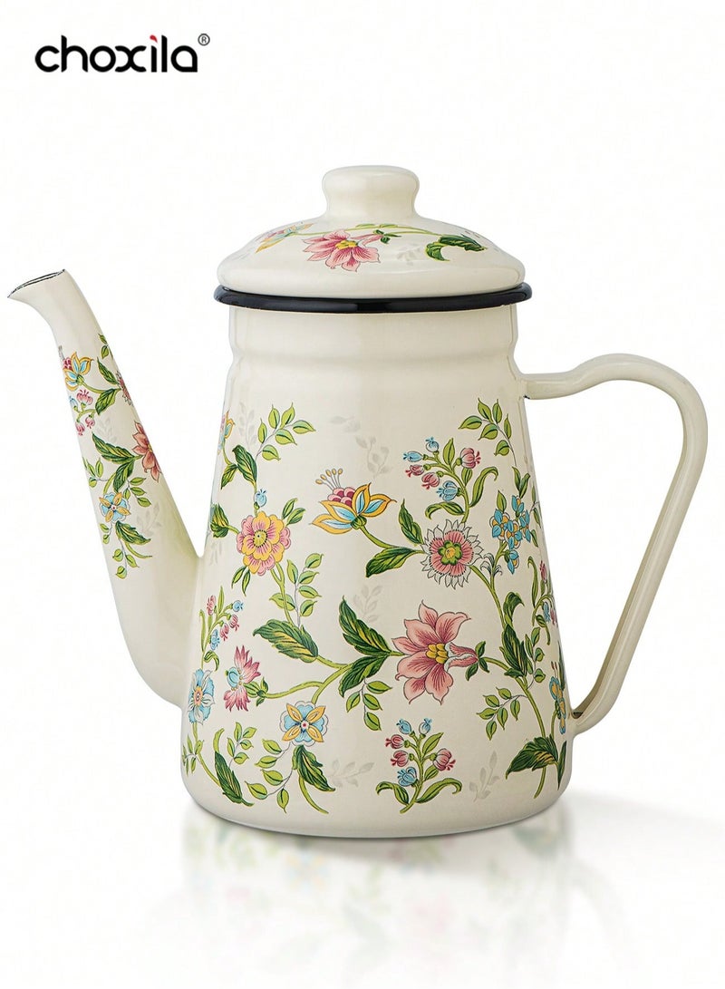 choxila 1pc Enamel Coffee Pot,Floral Pattern Pour-Over Kettle,1.2L Large Capacity Coffee Pot,Handle Pot Coffee Pot Narrow Mouth Oil Pot Boiling Pot,Home Boiling Pot, Tea Pot,Suitable For Electric Stove Gas Brewing Coffee Or Tea  - Image 5