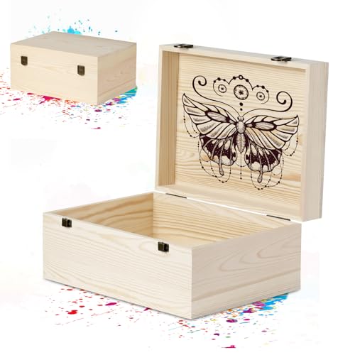 BeNiNat 2 Pack Unfinished Wood Box with Lid Large Wooden Box(14”x10.4”x 6.5"+12"x 9"x4.9") Pine Storage Wood Boxes for Crafts, Jewelry, Art, DIYMemory,Keepsake Wooden Gift Boxes - Image 1