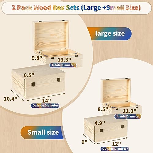 BeNiNat 2 Pack Unfinished Wood Box with Lid Large Wooden Box(14”x10.4”x 6.5"+12"x 9"x4.9") Pine Storage Wood Boxes for Crafts, Jewelry, Art, DIYMemory,Keepsake Wooden Gift Boxes - Image 2