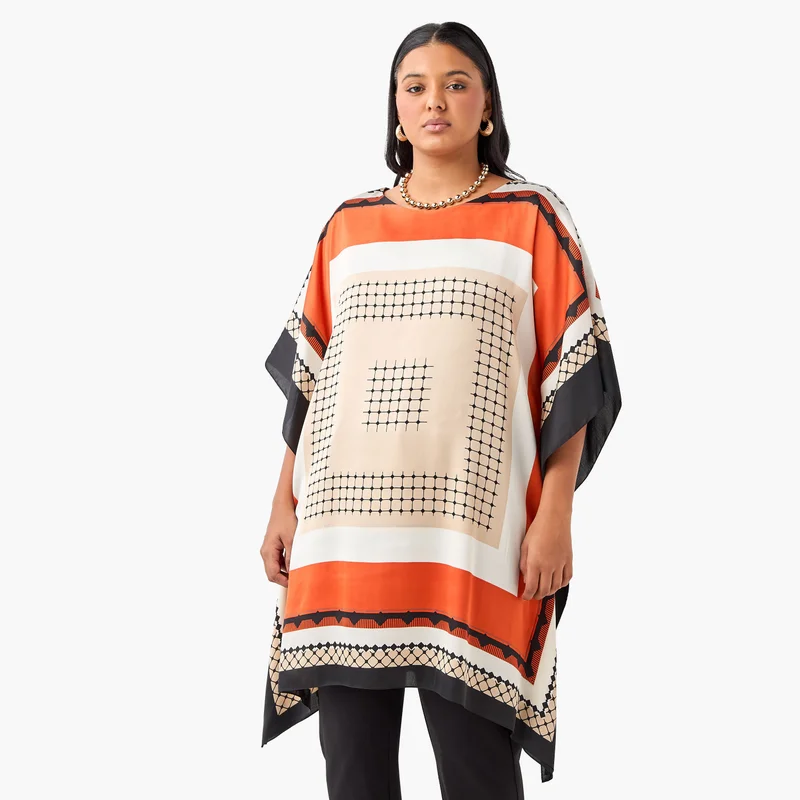 Ulla Popken Ulla Popken Plus Size Printed Kaftan Top with Round Neck
