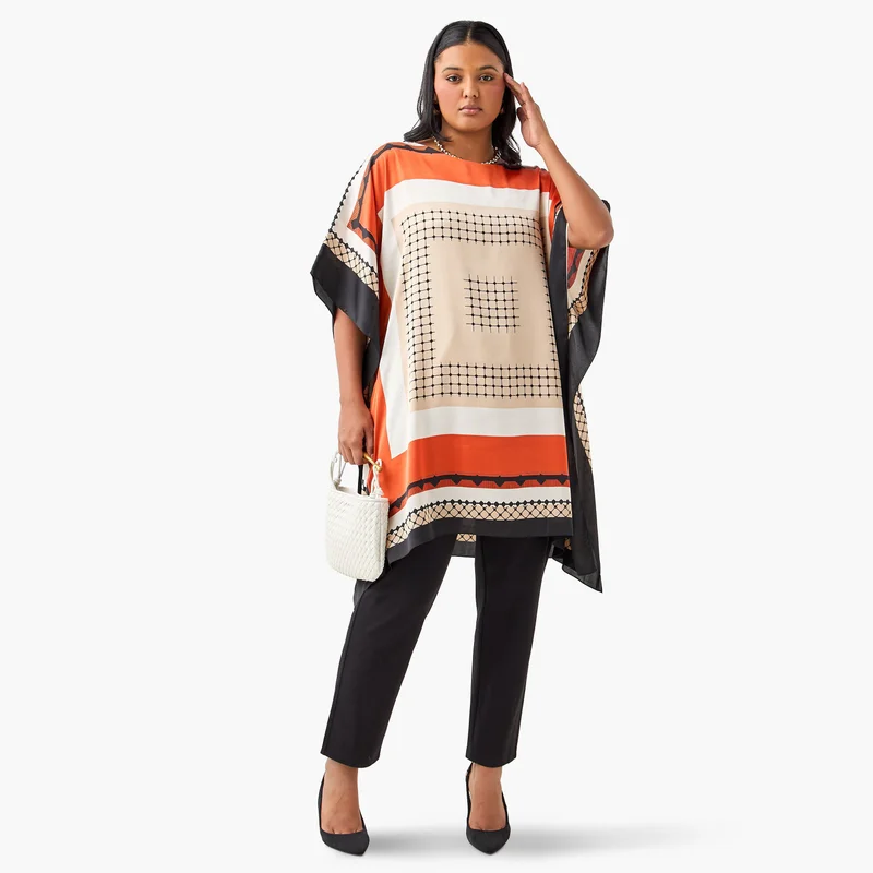 Ulla Popken Ulla Popken Plus Size Printed Kaftan Top with Round Neck