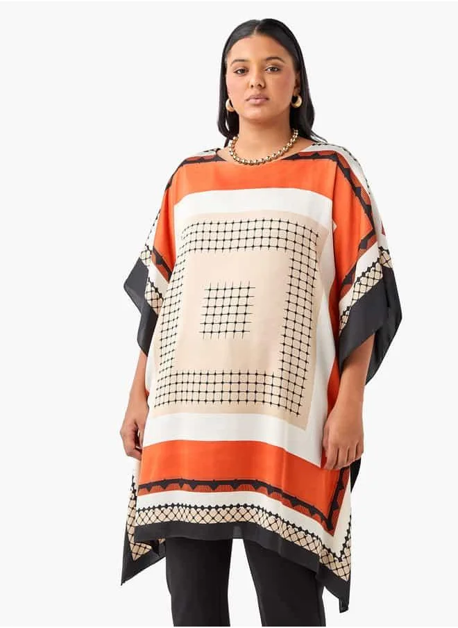  أولا بوبكن Ulla Popken Plus Size Printed Kaftan Top with Round Neck