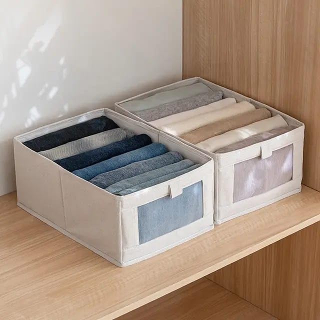 OTIPORTER Foldable Linen Closet Organizers and Storage Bins Storage Containers with Clear Window Large Storage Boxes Baskets for Organizing Clothing Jeans Toys Books Closet Wardrobe PACK OF 2 - Image 1