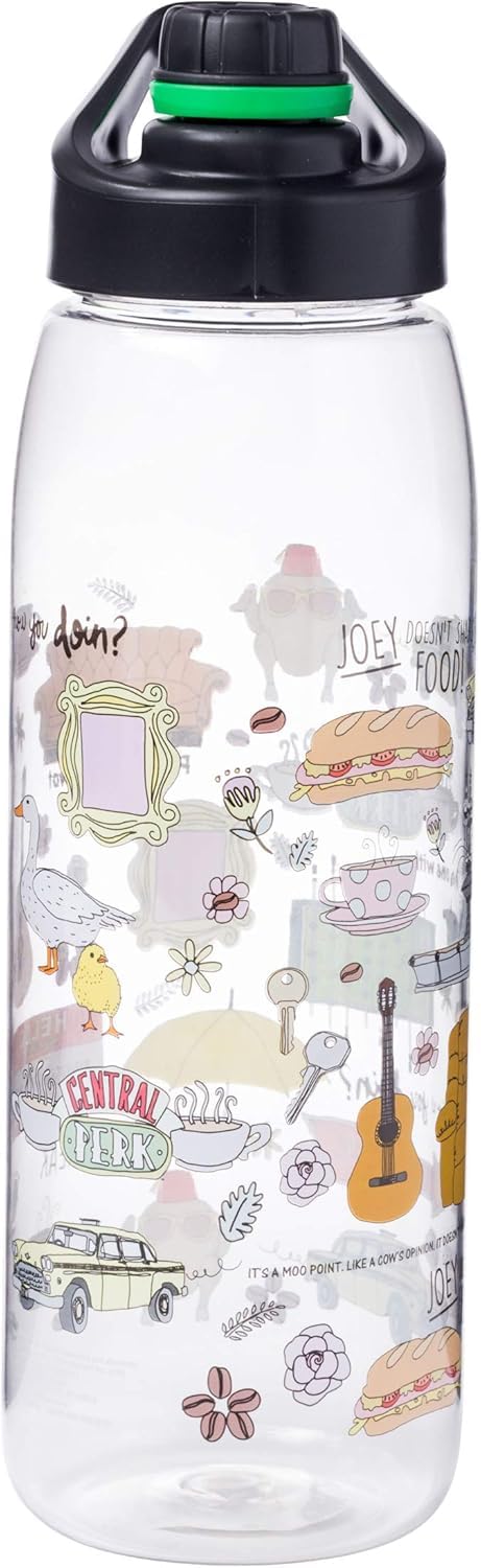 Silver Buffalo زجاجة ماء سيلفر بافالو من مسلسل الأصدقاء مع رسومات واقتباسات أيقونية تتضمن إطار صورة أصفر من سنترال بيرك "جوي لا يشارك الطعام" و"كيف حالك" ودجاجة وديك زجاجة ماء بسدادة لولبية سعة 28 أونصة