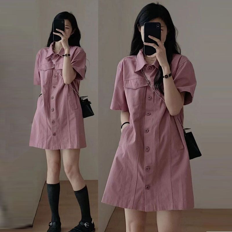 Western style fried street black Denim dress womens POLO collar shirt dress summer new waist slimming A- line skirt Pink dress single piece