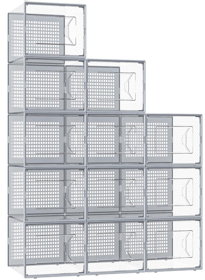 Kuject X-Large Shoe Storage Box Fit Size 11,Clear Plastic Stackable Shoe Organizer for Closet, Space Saving Stackable Sneaker Shoe Boxes Rack Container Bin Holders Case, 12 Pack Grey - Image 1