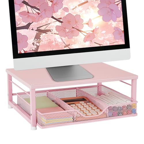 Gugsey Small Pink Laptop Stand for Desk Monitor Stand Office Desk Accessories Computer Desktop Stand with Drawer for Home Office School Pink - Image 1