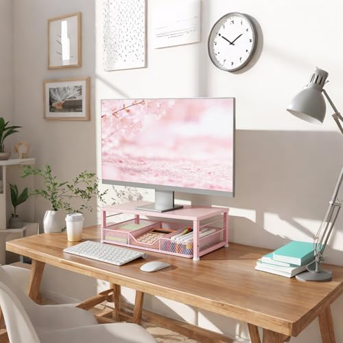 Gugsey Small Pink Laptop Stand for Desk Monitor Stand Office Desk Accessories Computer Desktop Stand with Drawer for Home Office School Pink - Image 3