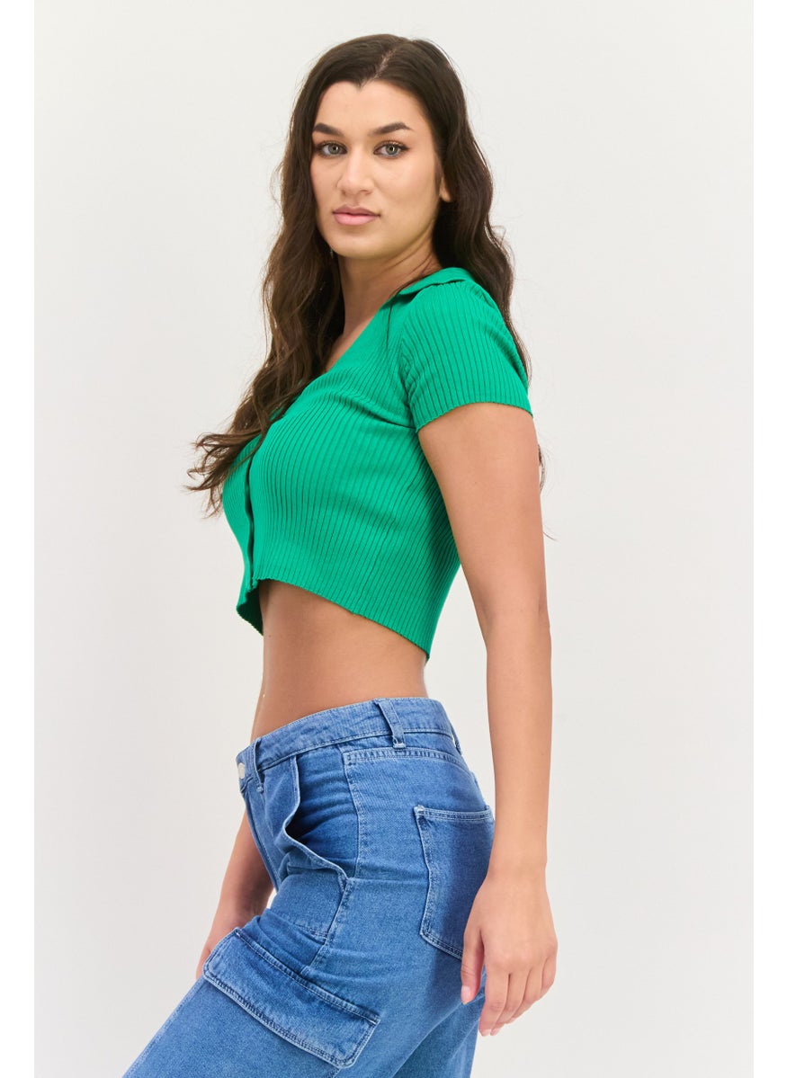 Bershka Women V-Neck Short Sleeves Rib Pattern Top, Green  - Image 2