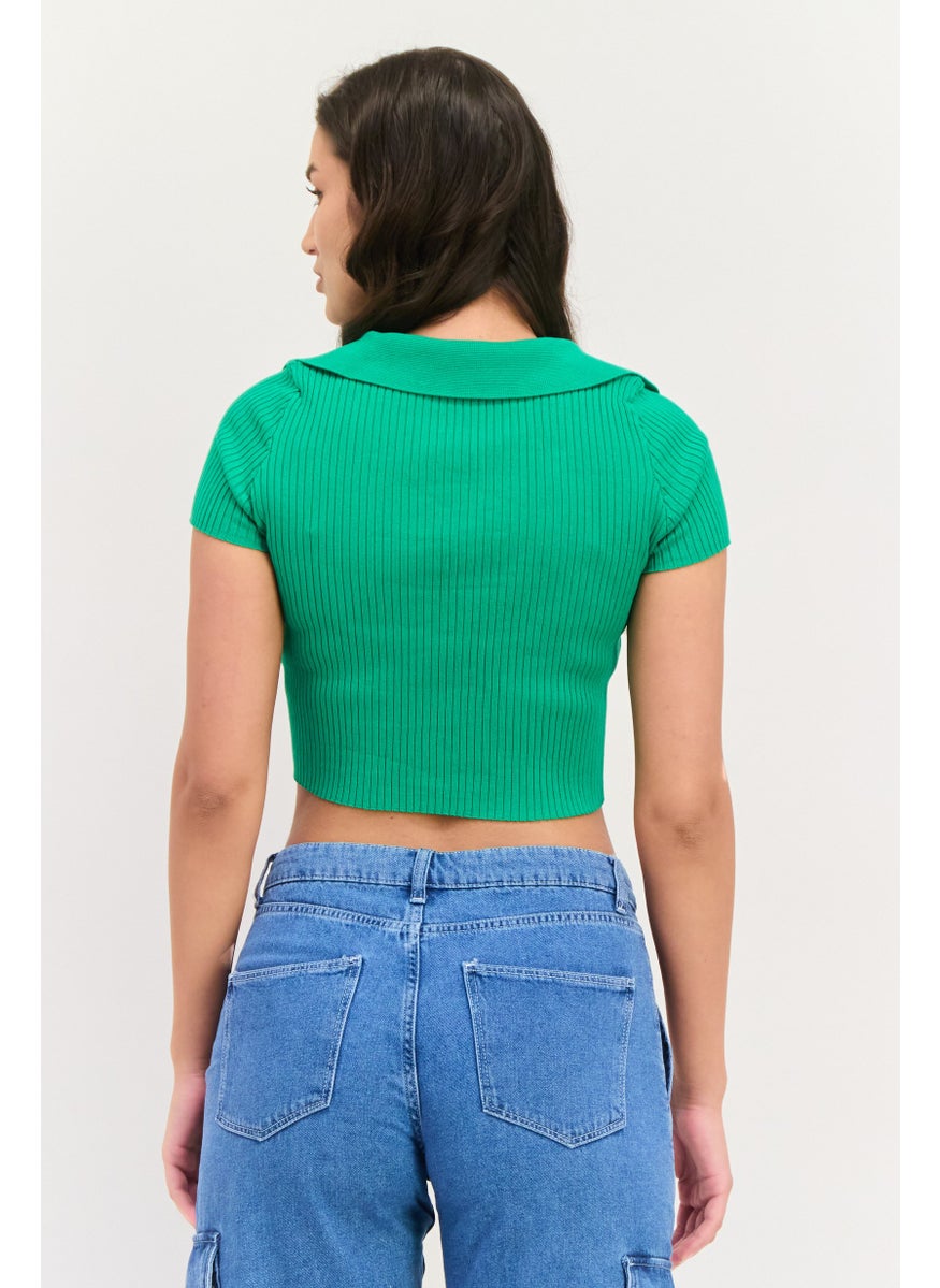 Bershka Women V-Neck Short Sleeves Rib Pattern Top, Green  - Image 3
