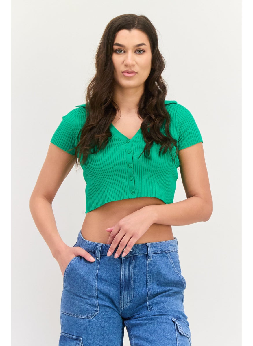 Bershka Women V-Neck Short Sleeves Rib Pattern Top, Green  - Image 1
