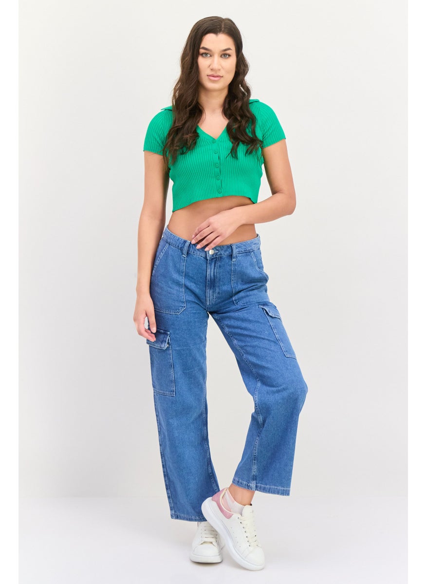 Bershka Women V-Neck Short Sleeves Rib Pattern Top, Green  - Image 4