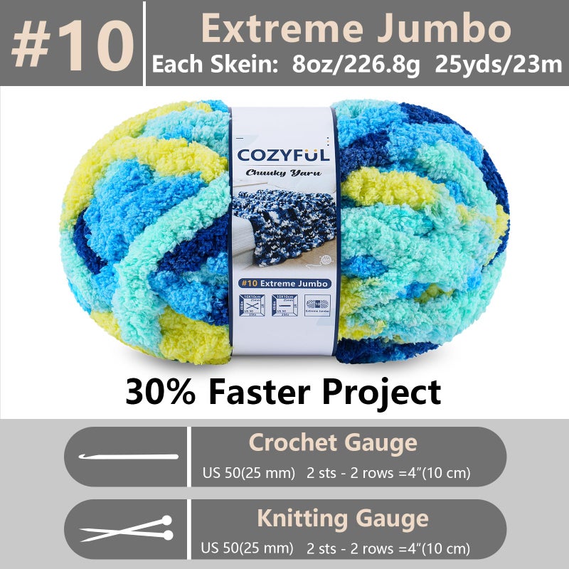 Cozyful Chunky Yarn for Hand Knitting - #10 Chunky Chenille Blanket Yarn, Jumbo Big Thick Chunky Yarns for Crocheting, Tie Dye Bulky Knit Yarns, 8 Skein (25 yds 8 oz Each Skein), Multi Blue & Yellow - Image 2