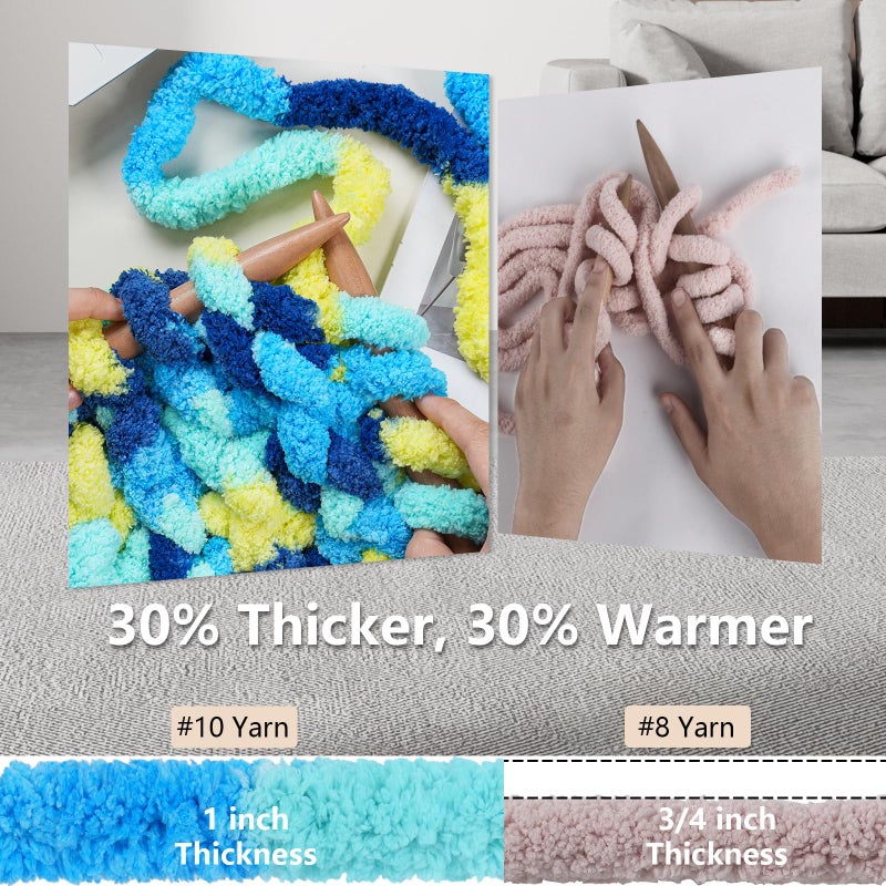 Cozyful Chunky Yarn for Hand Knitting - #10 Chunky Chenille Blanket Yarn, Jumbo Big Thick Chunky Yarns for Crocheting, Tie Dye Bulky Knit Yarns, 8 Skein (25 yds 8 oz Each Skein), Multi Blue & Yellow - Image 3