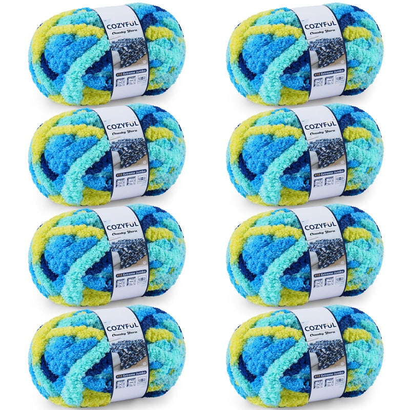 Cozyful Chunky Yarn for Hand Knitting - #10 Chunky Chenille Blanket Yarn, Jumbo Big Thick Chunky Yarns for Crocheting, Tie Dye Bulky Knit Yarns, 8 Skein (25 yds 8 oz Each Skein), Multi Blue & Yellow - Image 1