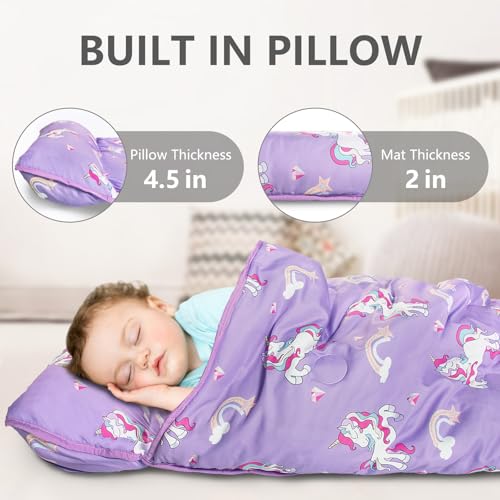 Primlect Thickened Toddler Nap Mat with Removable Pillow and Minky Blanket, Extra Large 55''x35'' Sleeping Bag, Washable, Roll up, Perfect for Daycare, Preschool, Kindergarten, Boys and Girls Purple - Image 4
