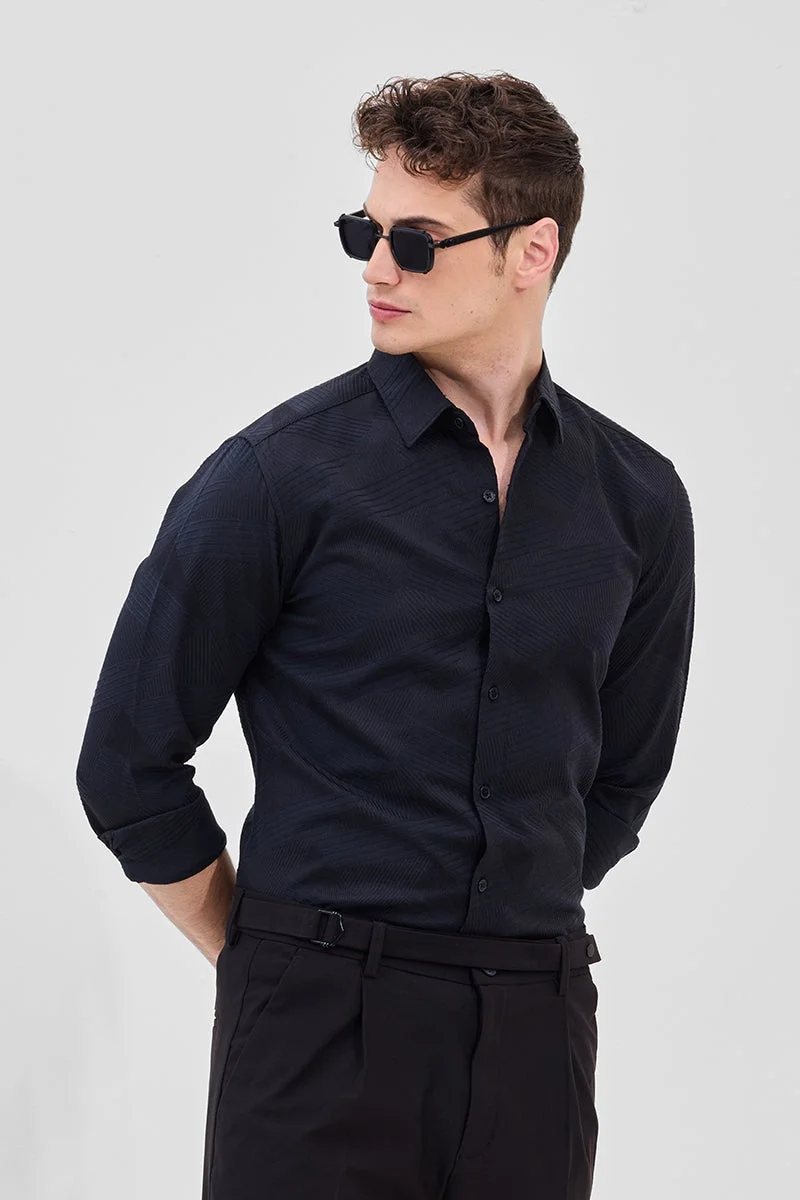 SNITCH Black Geometric Long Sleeve Slim Fit Shirt