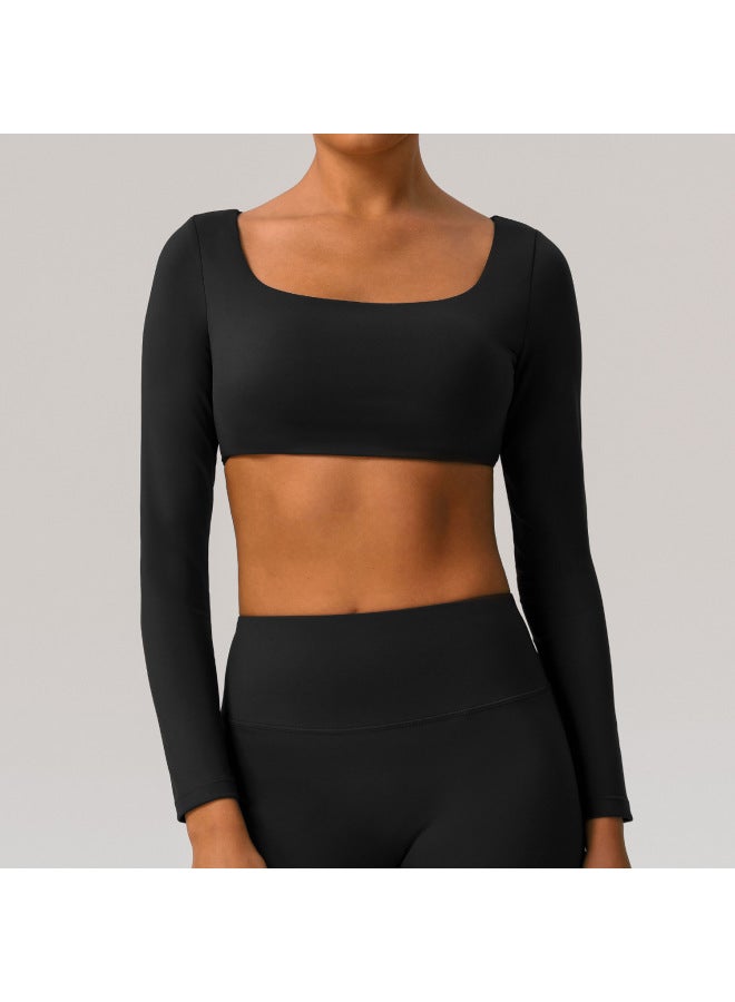 New European And American Long Sleeve Naked Yoga Clothes Running Sports T-shirt Quick-drying Tight Fitness Top With Chest Pad