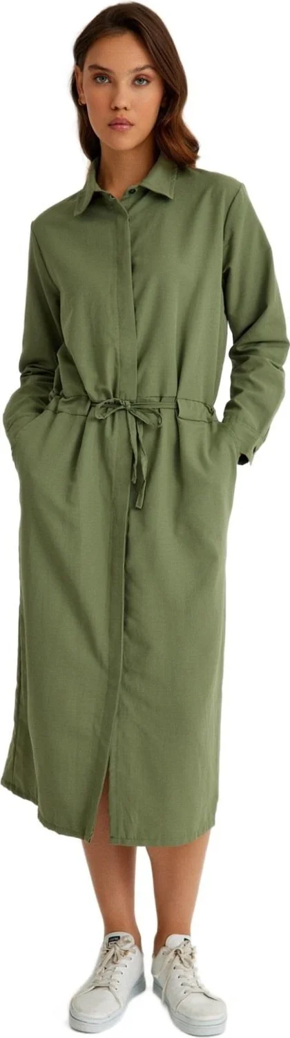 باربورا Linen Casual Waist Tie Detail Long Sleeve Dress LN07HAKI7