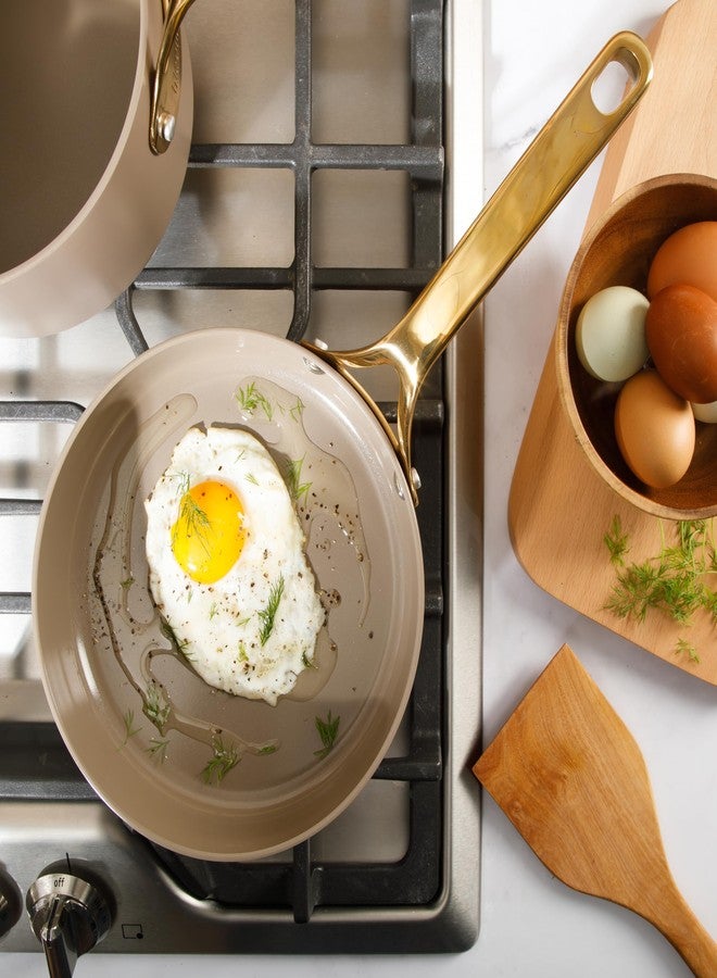 Bloomhouse 8 Inch Heavy Duty Aluminum Premium PFA Free Ceramic Nonstick Saute/Deep Frying Pan Skillet - Cappuccino Cream with Gold Handle - Image 3