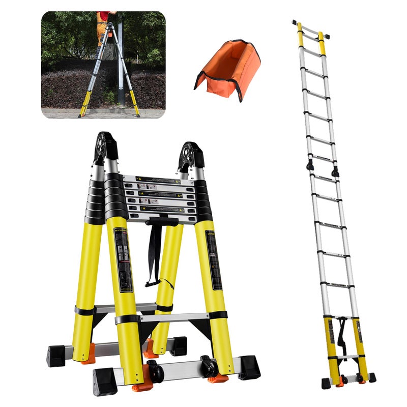 NUNET 18FT Telescoping Aluminum AFrame Ladder  EN131 Approved 330lbs Capacity Foldable to 39 w Balance Bars  Wheels Portable Metal Ladder for Car Trunk 77 Foot Adjustable Step Ladders 