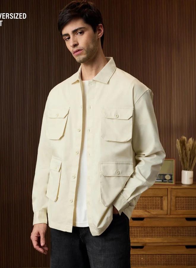 ذا سوليد ستور The Souled Store Men Oversized Fit Solid Off White Overshirt