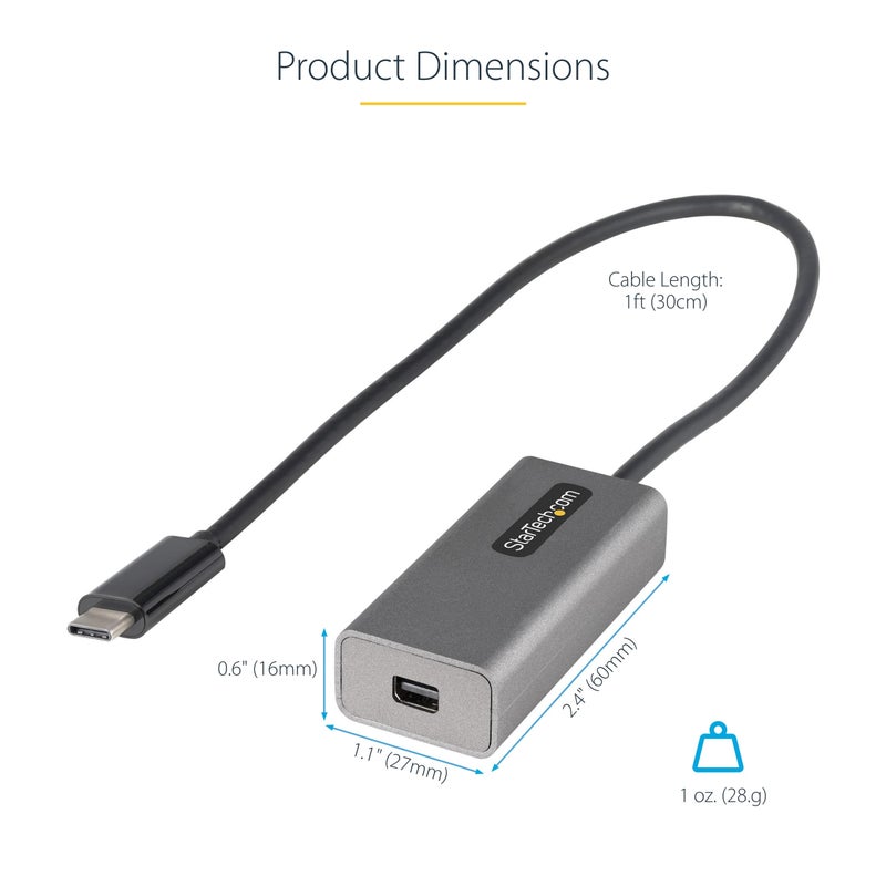 Startech.com StarTech.com USB C to Mini DisplayPort Adapter, 4K 60Hz USB Type C to mDP/Mini DP Monitor Video Converter Dongle, Thunderbolt 3 Compatible, 12" Attached Cable, Upgraded Version of CDP2MDP (CDP2MDPEC)  - Image 5