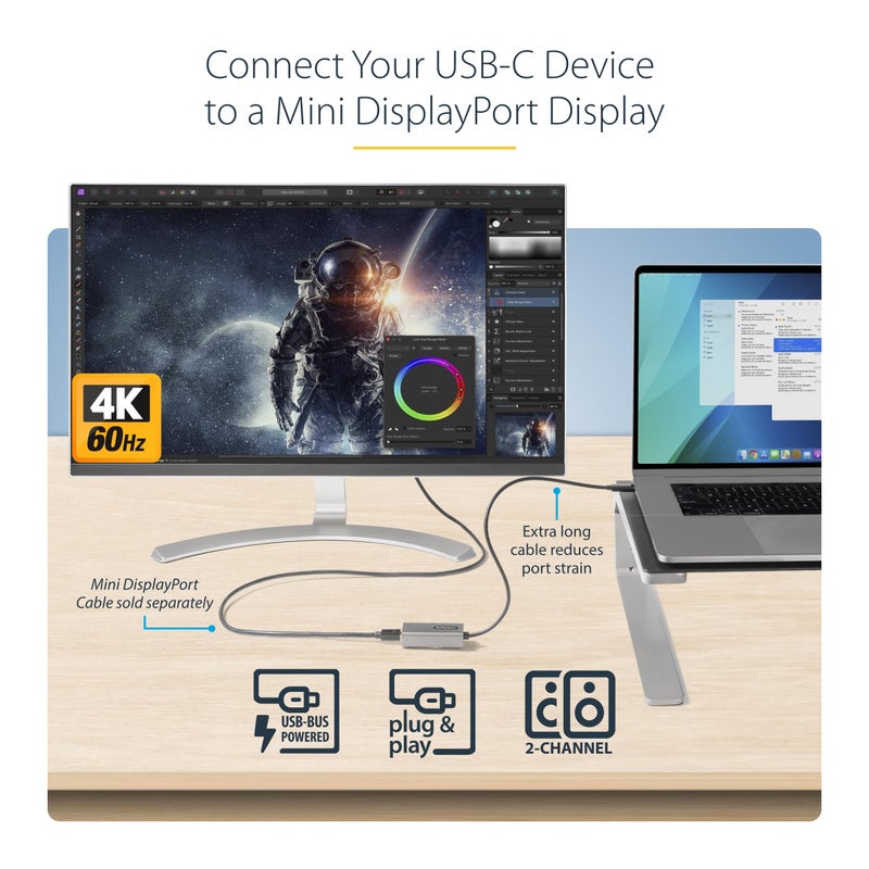 Startech.com StarTech.com USB C to Mini DisplayPort Adapter, 4K 60Hz USB Type C to mDP/Mini DP Monitor Video Converter Dongle, Thunderbolt 3 Compatible, 12" Attached Cable, Upgraded Version of CDP2MDP (CDP2MDPEC)  - Image 2