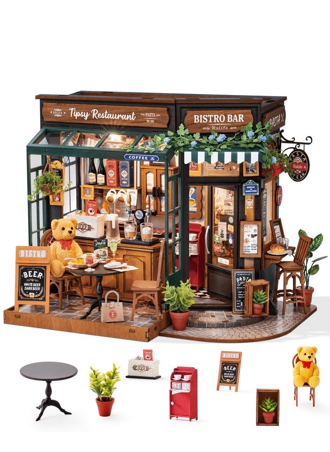 Robotime Diy Tiny House Kit, Miniature House Kit For Adults To Build, Mini House Kit With Furniture, Halloween/Christmas/Birthday Gifts For Men/Women（Tipsy Restaurant）  - Image 1