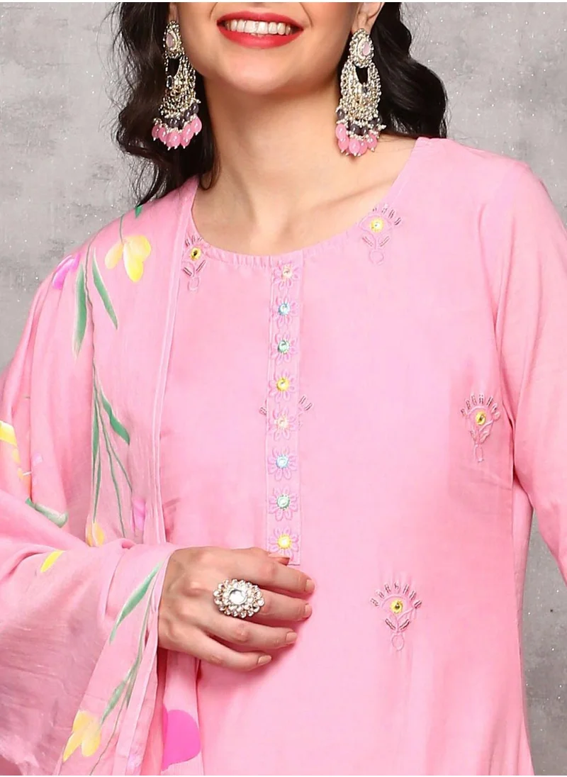 ISHIN Regular Fit Embellished Pattern Round Neck Neck Three-Quarter Sleeve Pink Colour Knitted Cotton Kurta Set for Women with Mid-Rise Closure - Perfect for your Festive Celebrations