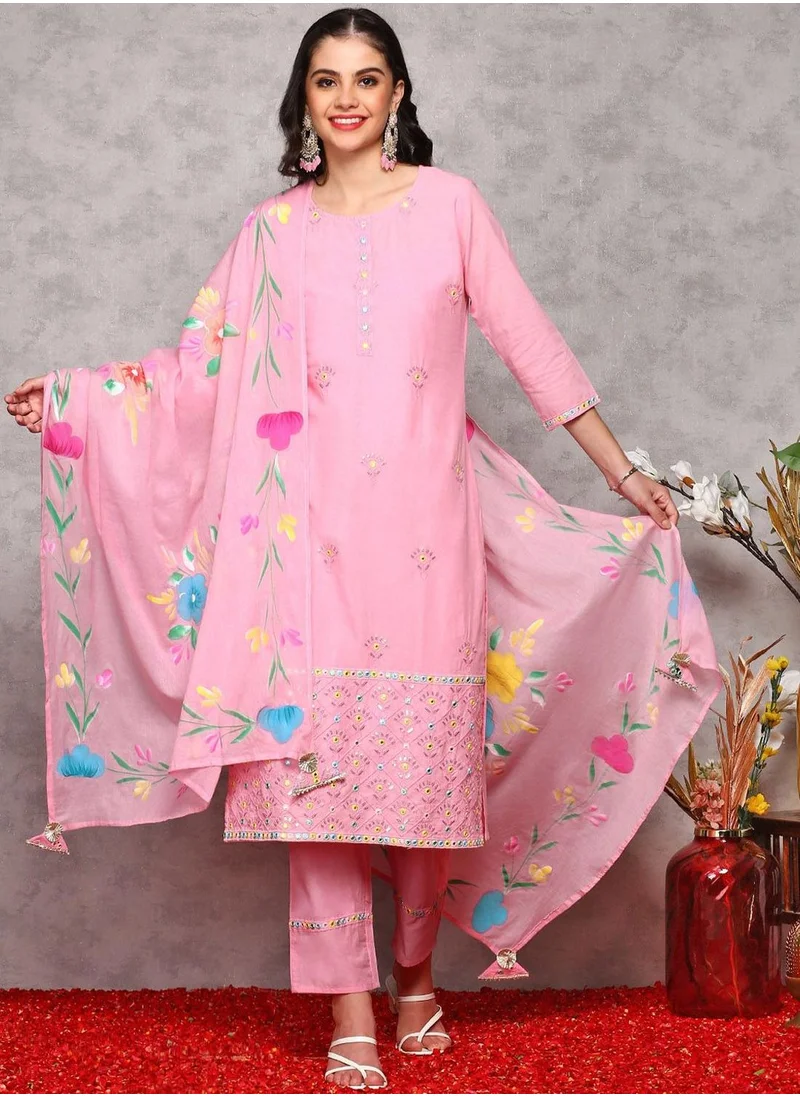 ISHIN Regular Fit Embellished Pattern Round Neck Neck Three-Quarter Sleeve Pink Colour Knitted Cotton Kurta Set for Women with Mid-Rise Closure - Perfect for your Festive Celebrations