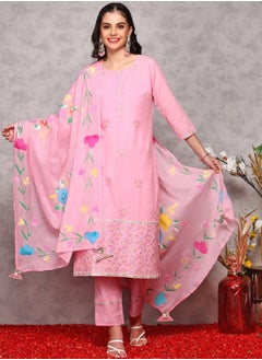 ISHIN Regular Fit Embellished Pattern Round Neck Neck Three-Quarter Sleeve Pink Colour Knitted Cotton Kurta Set for Women with Mid-Rise Closure - Perfect for your Festive Celebrations  - Image 1