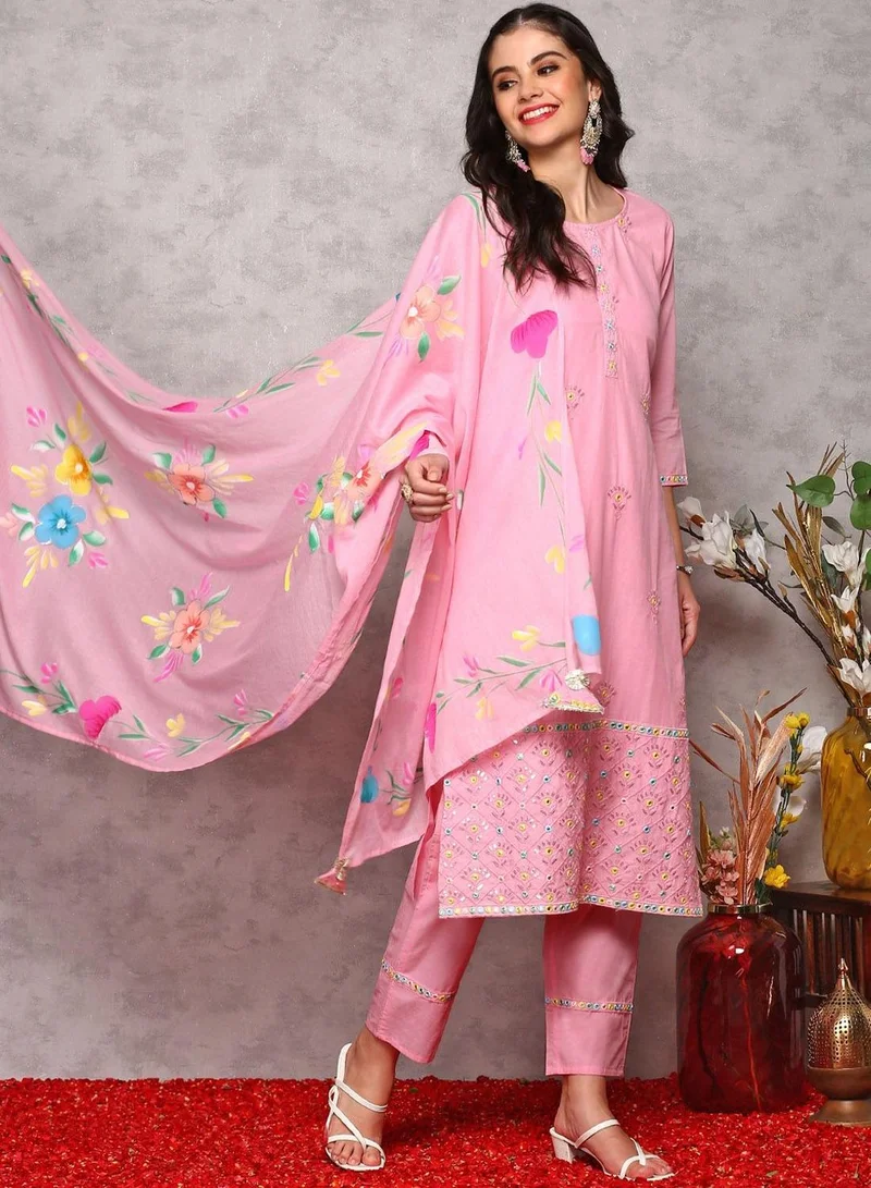 ISHIN Women's Pink 100% Cotton Embellished Regular Fit Kurta Set