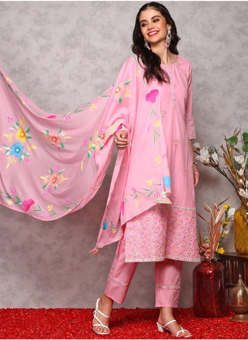 ISHIN Regular Fit Embellished Pattern Round Neck Neck Three-Quarter Sleeve Pink Colour Knitted Cotton Kurta Set for Women with Mid-Rise Closure - Perfect for your Festive Celebrations  - Image 5