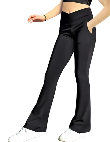 Gnainach Girls' Activewear Leggings Size 6/7 Years Old Black Bell Bottoms High Waist Cross Yoga Pants with Pockets for Child Workout - Image 1