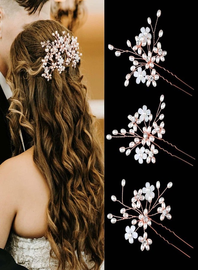 Sppry Elegant Pearl Wedding Hair Pins, Bendable Floral Crystal Hair Accessories for Bridal Women, Pack of 3 (Rose Gold) - Image 2