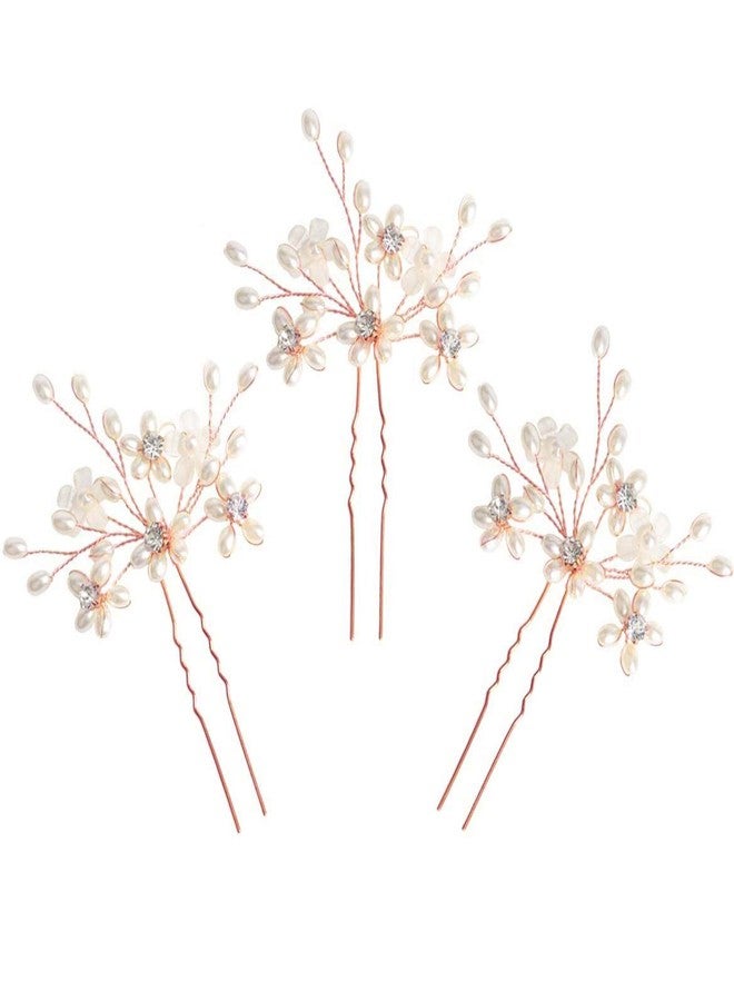 Sppry Elegant Pearl Wedding Hair Pins, Bendable Floral Crystal Hair Accessories for Bridal Women, Pack of 3 (Rose Gold) - Image 1