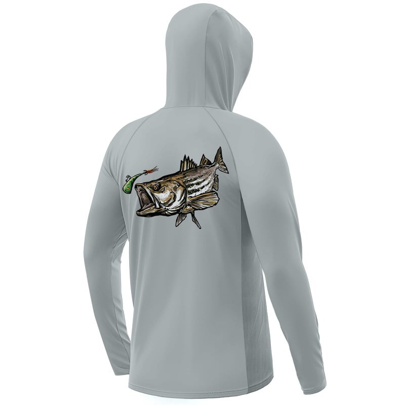 Palmyth Fishing Hoodie for Men Long Sleeve Sun Protection UV UPF 50 ShirtsGrayStriped Bass2XL