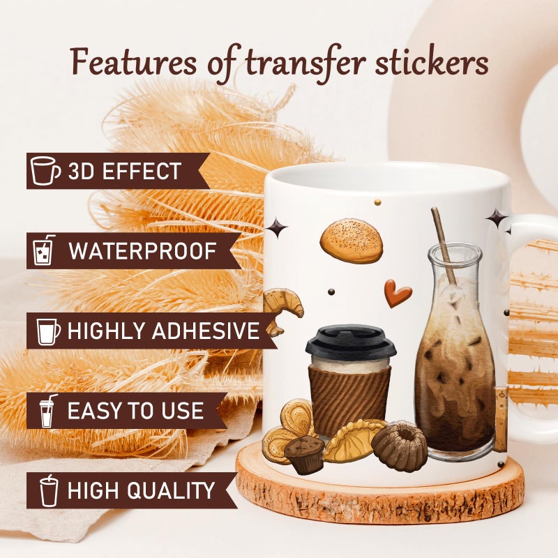 Rngmsi Coffee UV DTF Cup Wraps - 8 Sheets Coffee UVDTF Decals for 16 oz Glass Cups, Cake Ice Cream Transfer Stickers, Waterproof Rub on Transfers for Water Bottle DIY Crafts - Image 5
