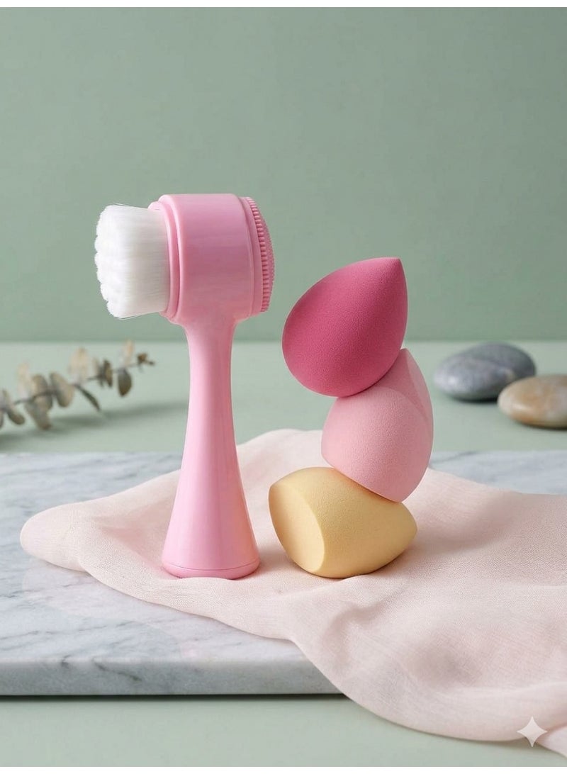 3-Piece Set: Makeup Sponges and Facial Cleansing Brush (White/Pink) - Image 1
