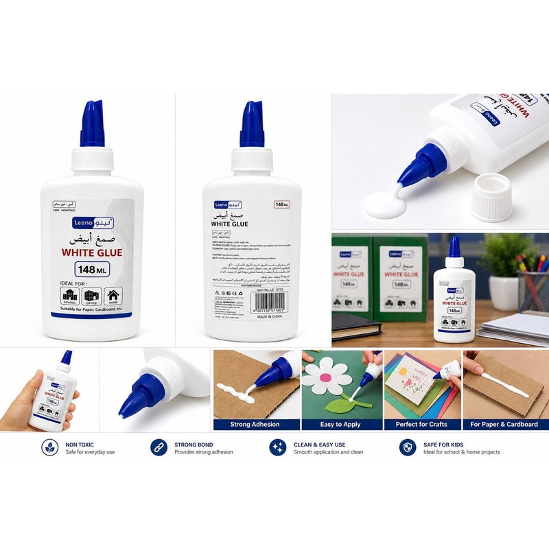 Leeno White Glue 148ml Strong Adhesive for Paper Cardboard Craft School Office Home Use Non Toxic - Image 4