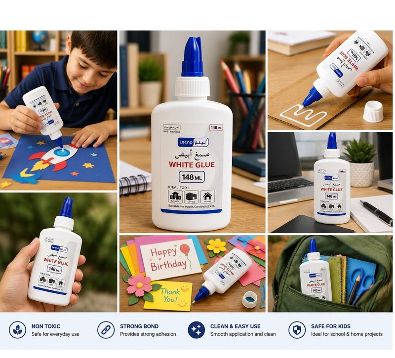 Leeno White Glue 148ml Strong Adhesive for Paper Cardboard Craft School Office Home Use Non Toxic - Image 2