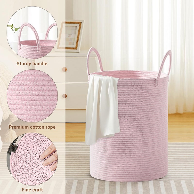 SunNewt Girls' Tall Laundry Basket with Handles, 58L Portable Dirty Clothes Hamper, Boho Cotton Rope Storage Bin for Blankets Kids Toys Gifts, Decorative Organizer for Nursery Bedroom Bathroom, Pink - Image 3