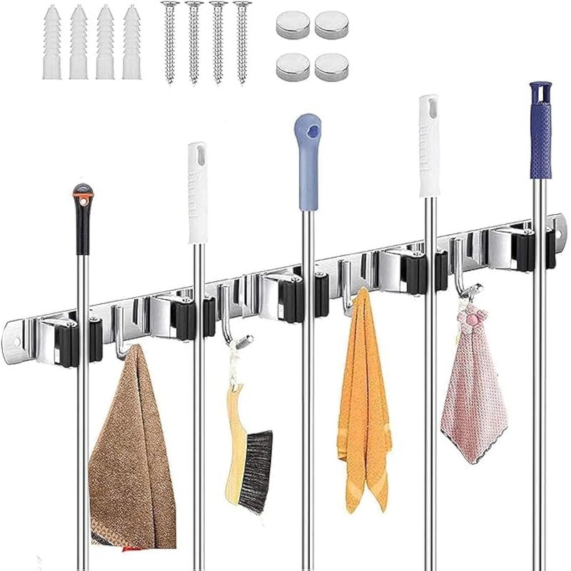 DAOME Broom Mop Holder Wall Mount Stainless Steel Wall Mounted Storage Organizer Heavy Duty Tools Hanger with 5 Racks 4 Hooks for Kitchen Bathroom Closet Garage Office Garden Hanging Shelves