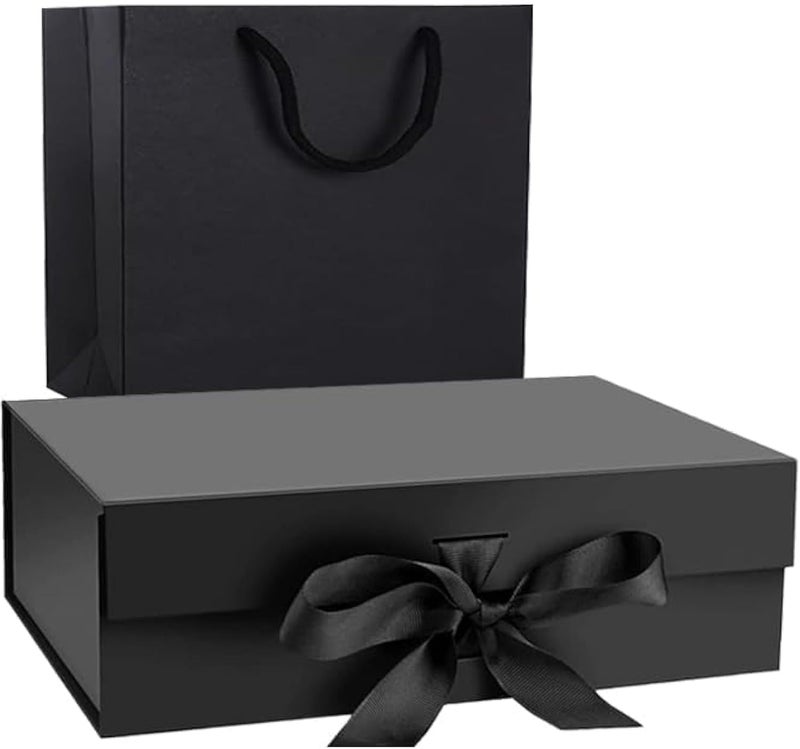 هاي فاي صندوق هدايا أسود من مع كيس هدايا، أبعاده 32x20x10 سم، صندوق هدايا فاخر كبير بإغلاق مغناطيسي ورباط، وغطاء قابل للطي، مناسب لهدايا الزفاف وأعياد الميلاد وتغليف الهدايا. - Image 1